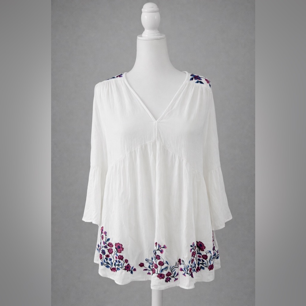 Free People White Blouse with Purple Embroidery